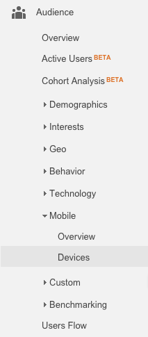 Find the 'Devices' option within 'Mobile' on the Google Analytics navigation menu.